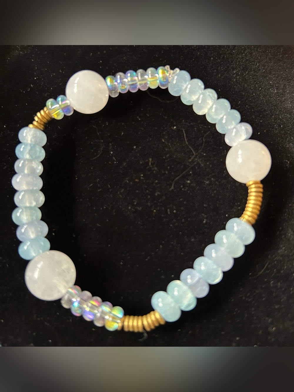 Handmade Blue Agate , Opaline, White Quartz and brass links Stretch Bracelet